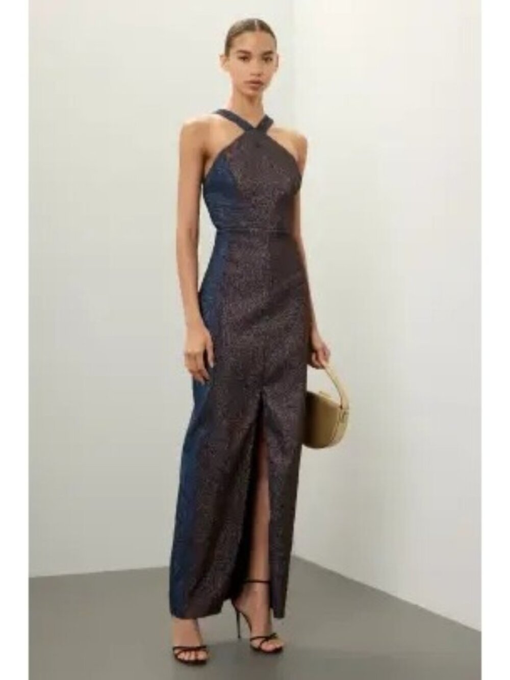 R-9. Aidan Mattox Bronze Metallic Halter Gown